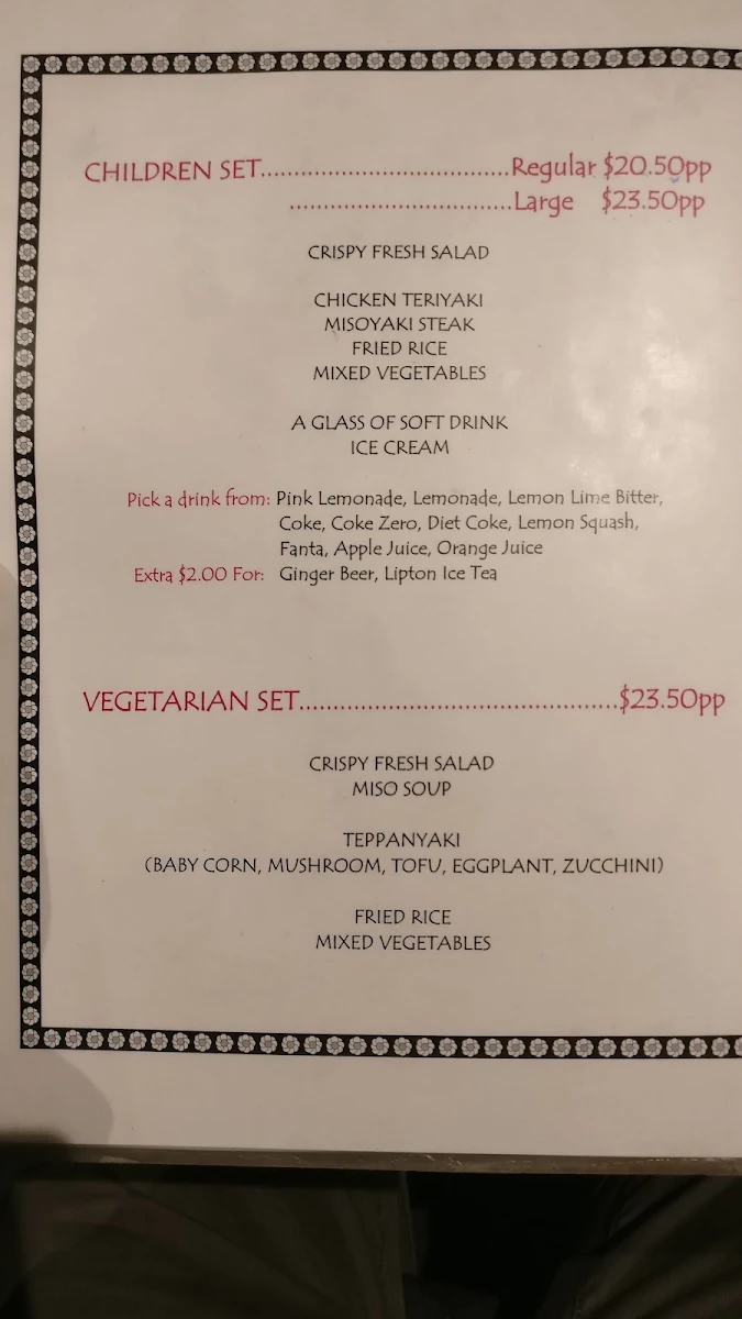 Menu, Osaka Japanese Teppanyaki Restaurant
