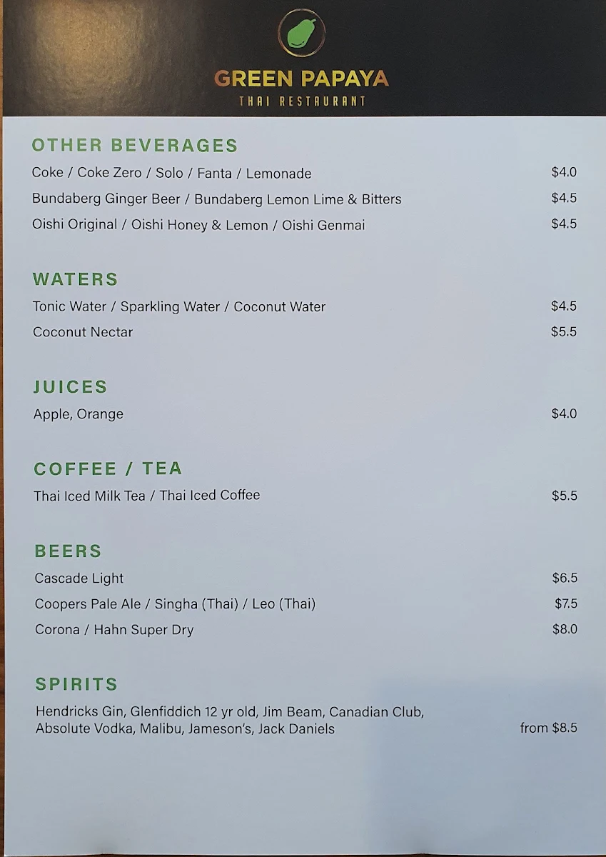Menu, Green Papaya Thai Restaurant