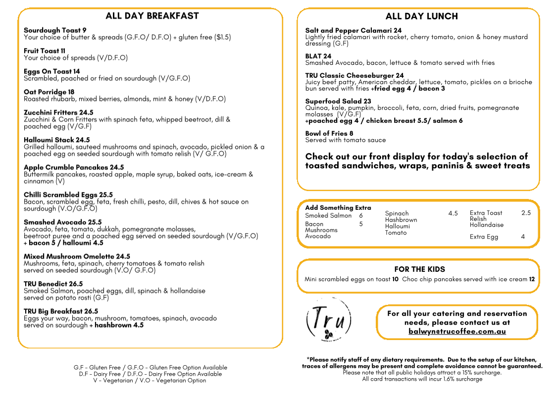 Menu, Tru Coffee Balwyn