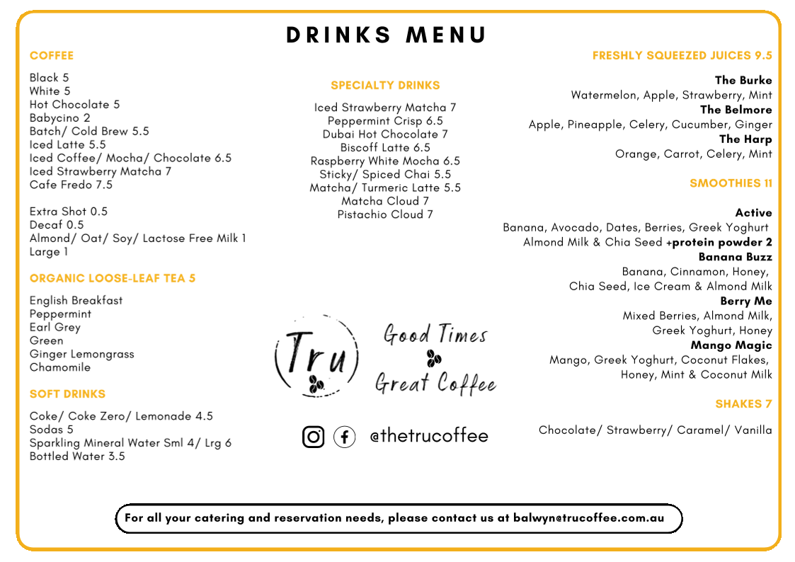 Menu, Tru Coffee Balwyn