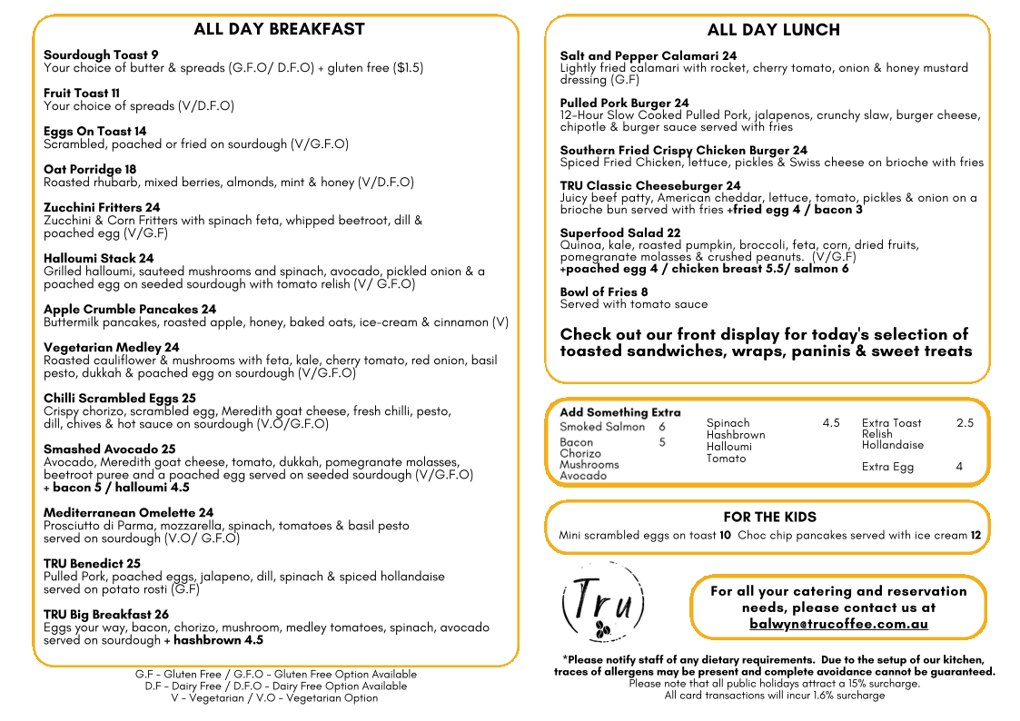 Menu, Tru Coffee Balwyn
