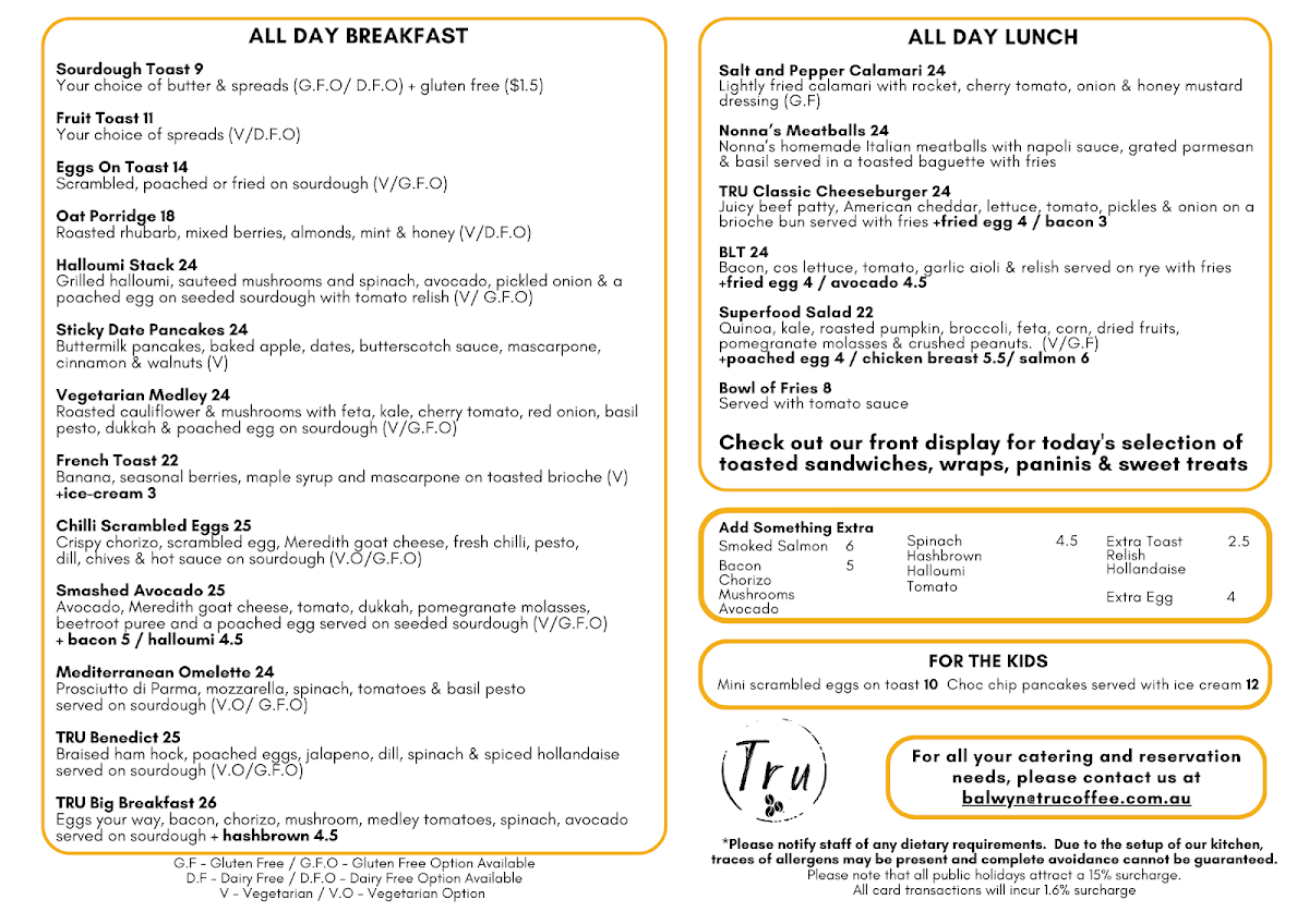 Menu, Tru Coffee Balwyn