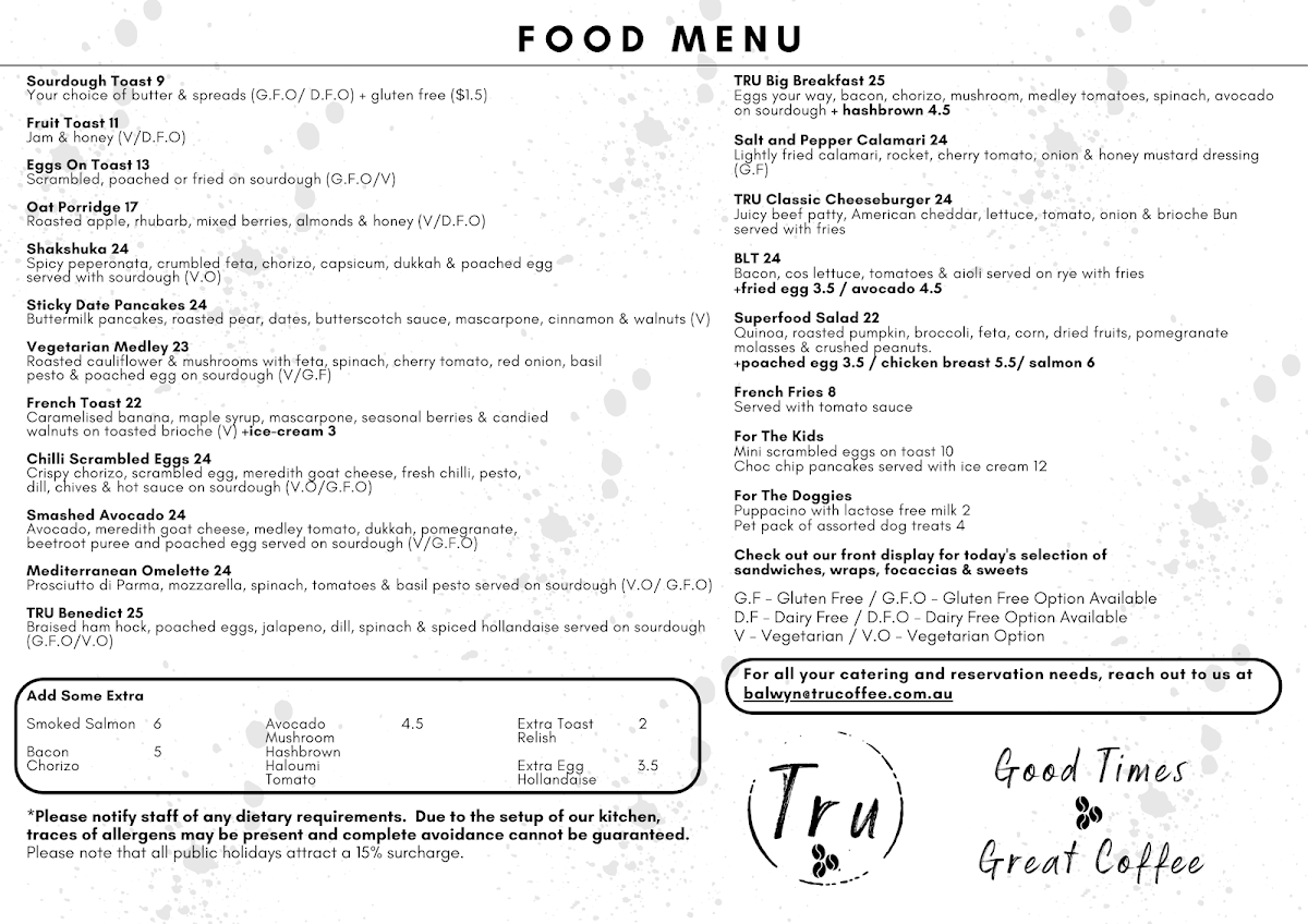 Menu, Tru Coffee Balwyn