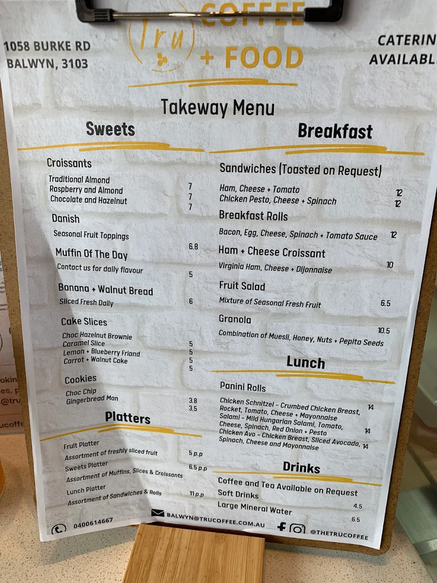 Menu, Tru Coffee Balwyn