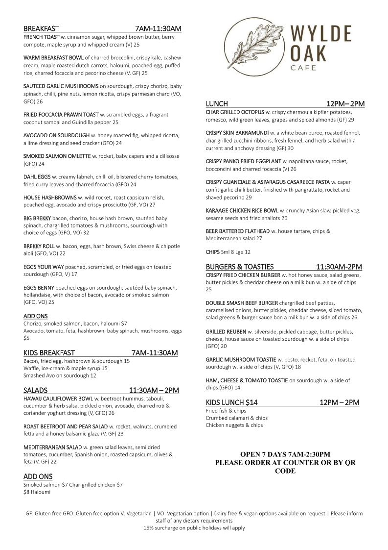 Menu, Wylde Oak Cafe