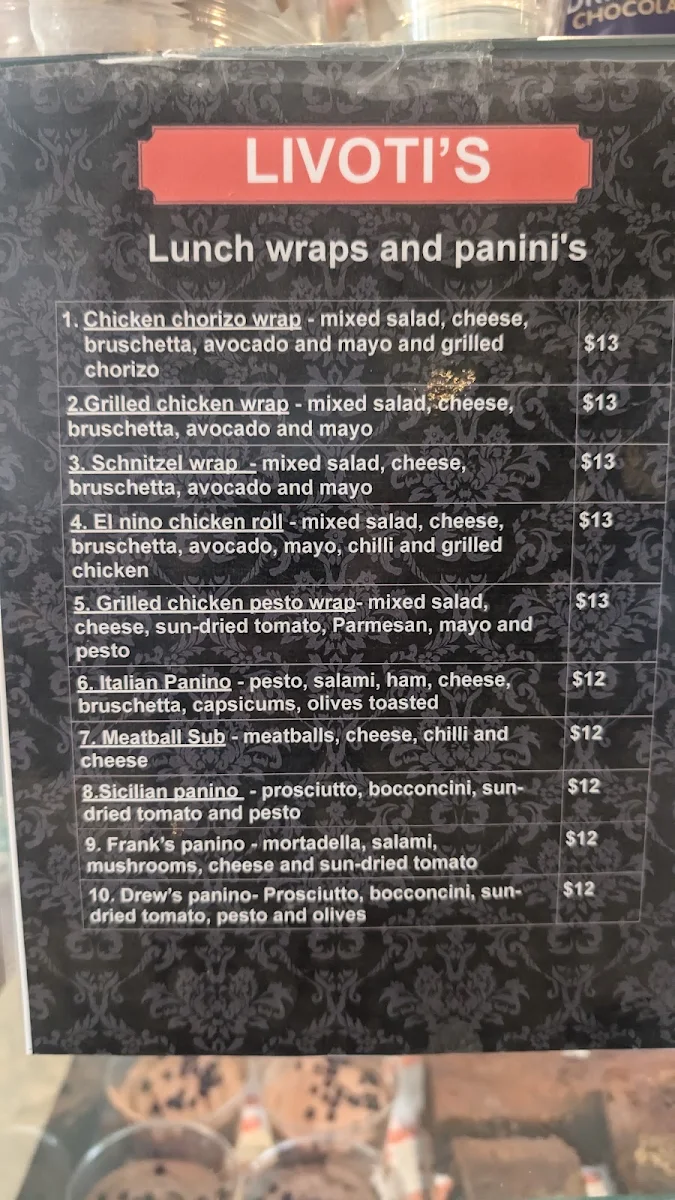 Menu, Livoti's Italian restaurant