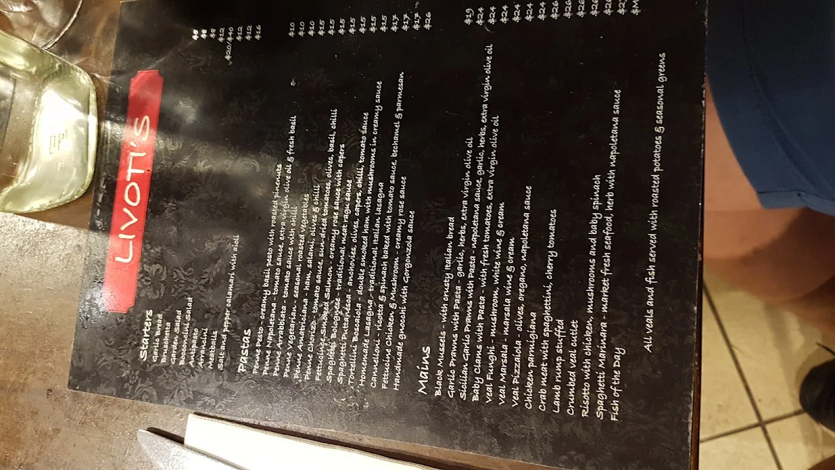 Menu, Livoti's Italian restaurant