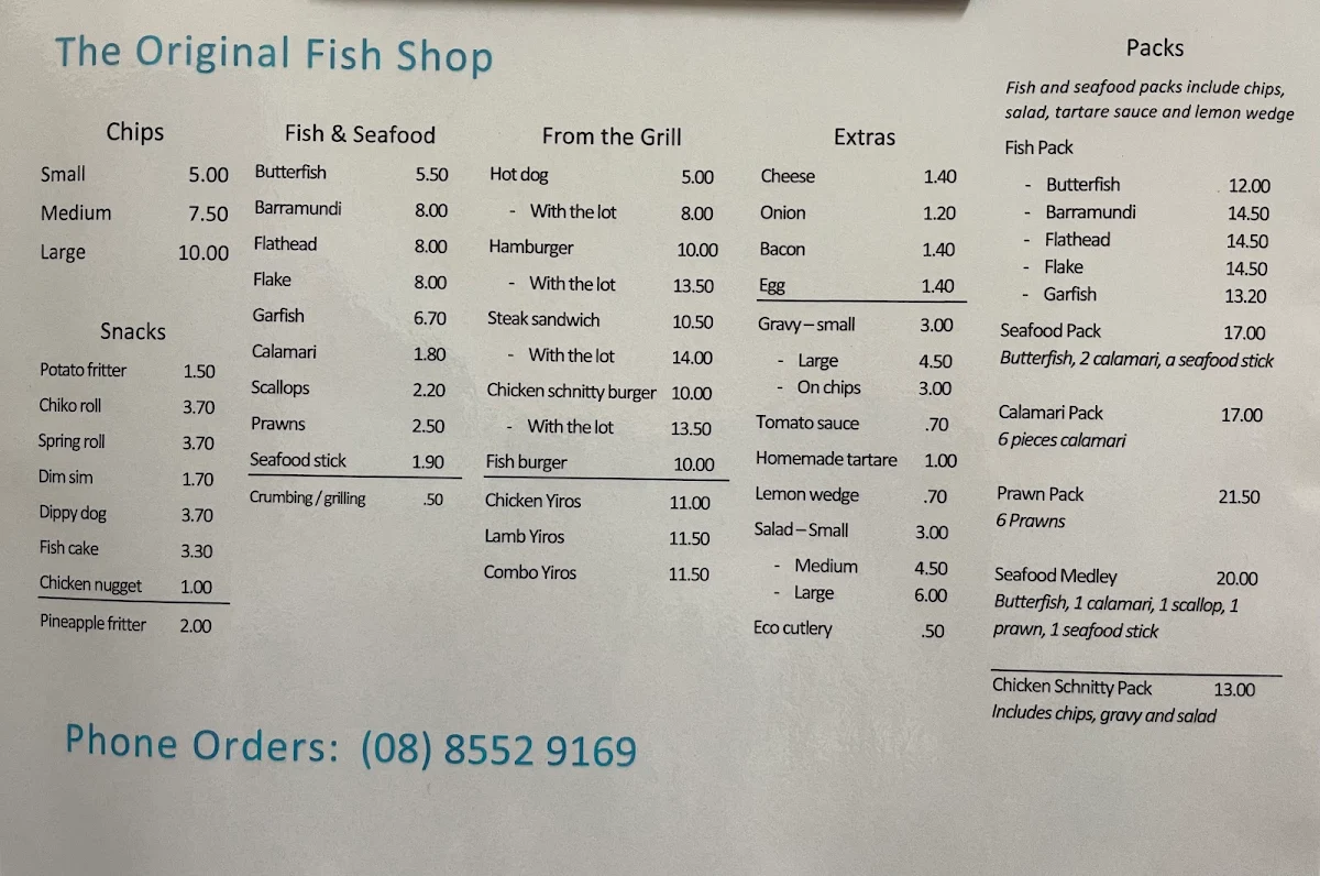 Menu, The Original Fish Shop