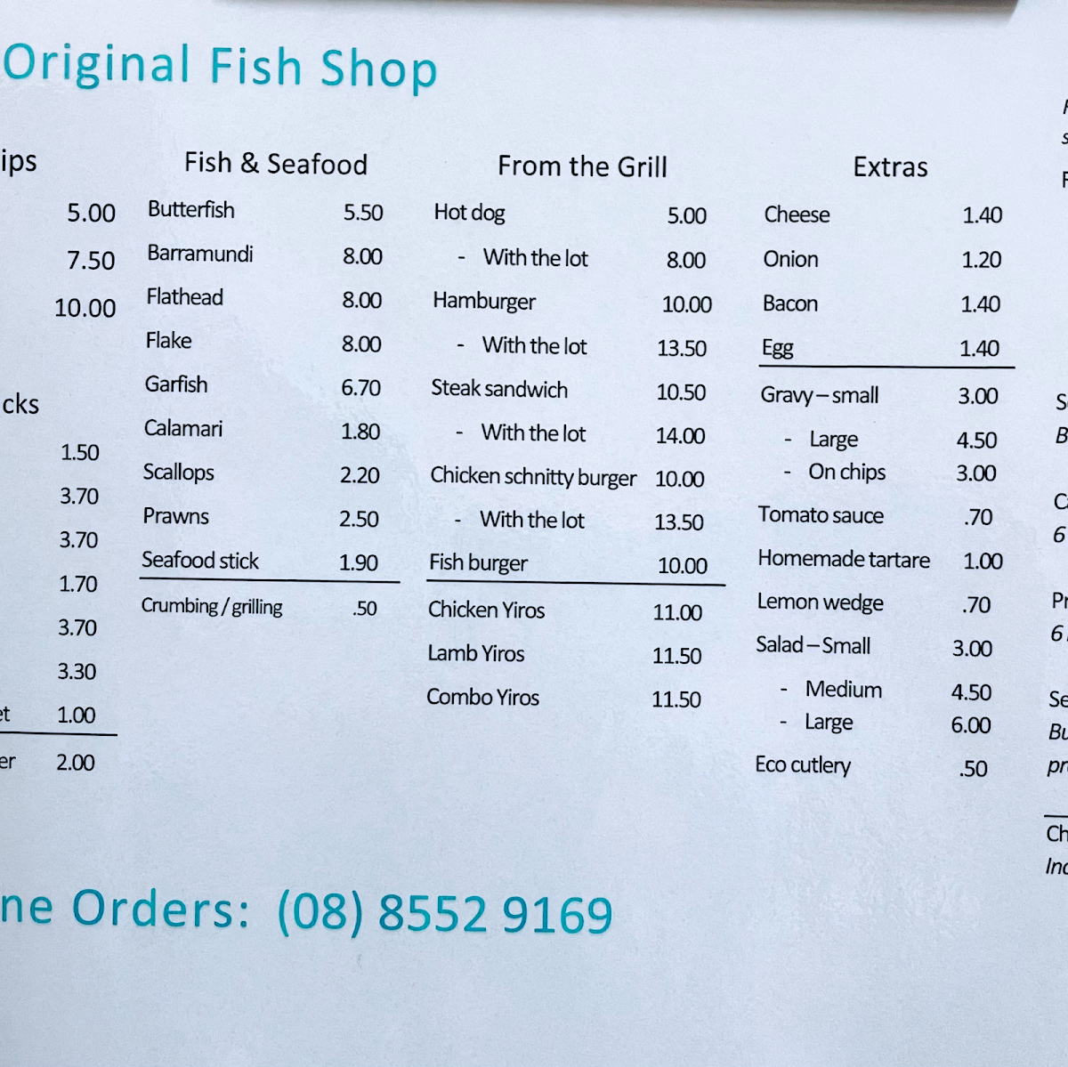 Menu, The Original Fish Shop