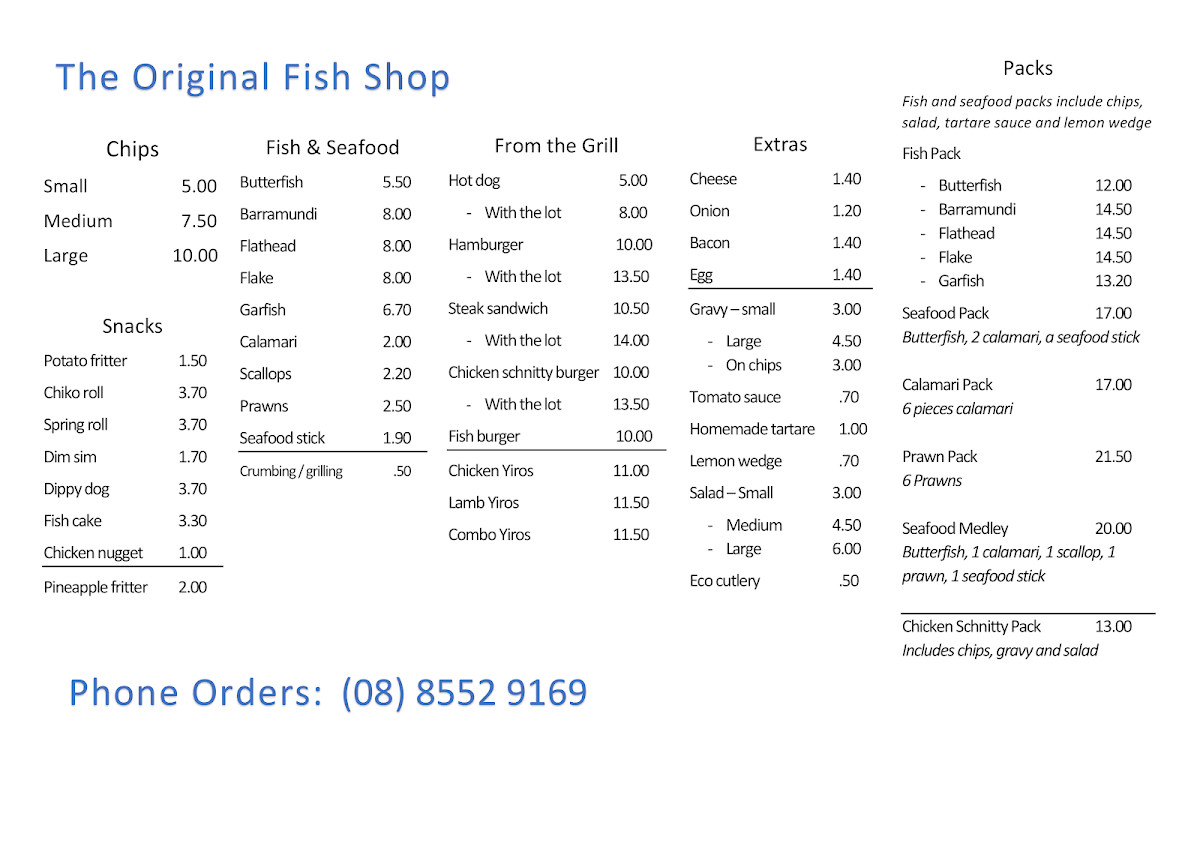 Menu, The Original Fish Shop