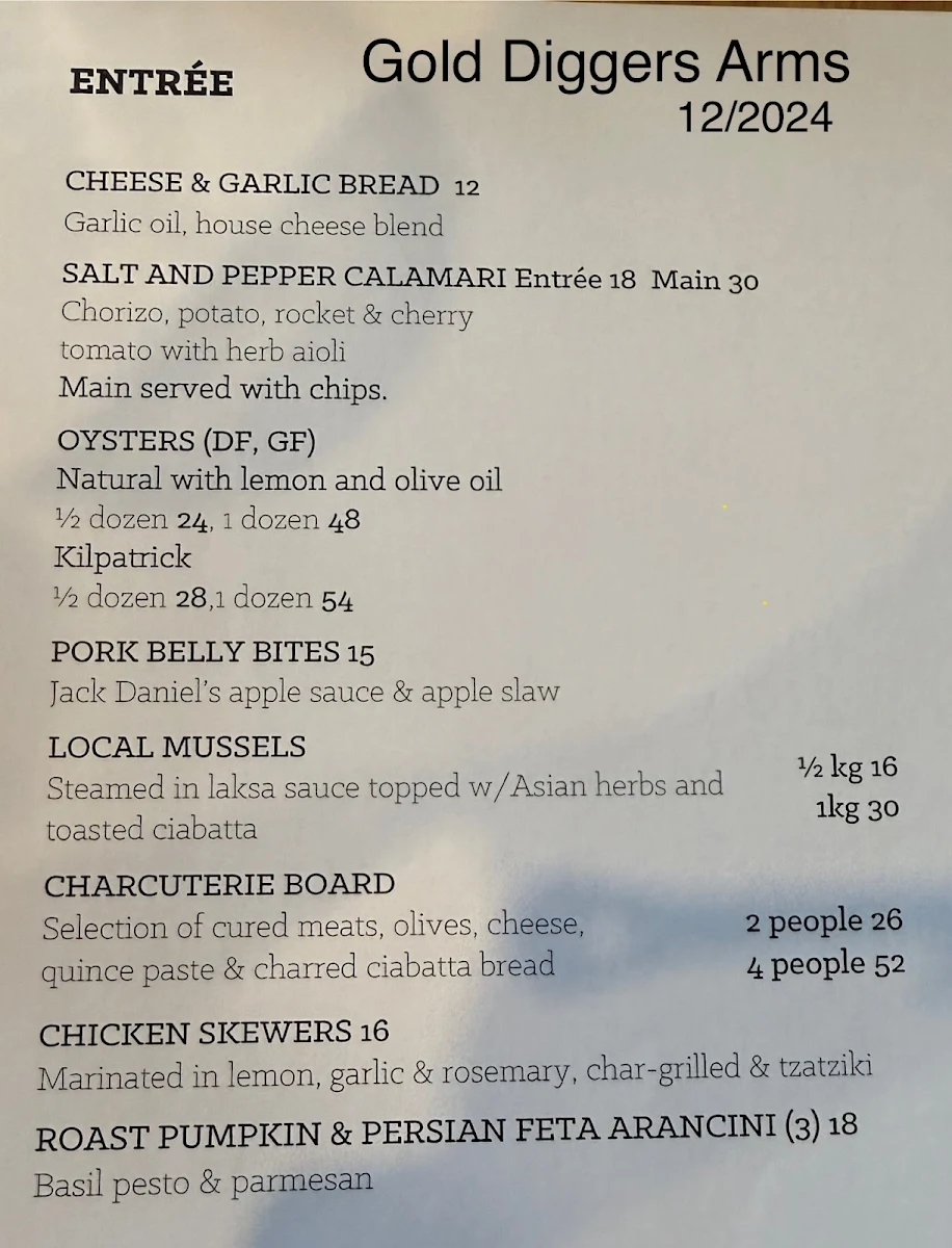 Menu, Gold Diggers Arms