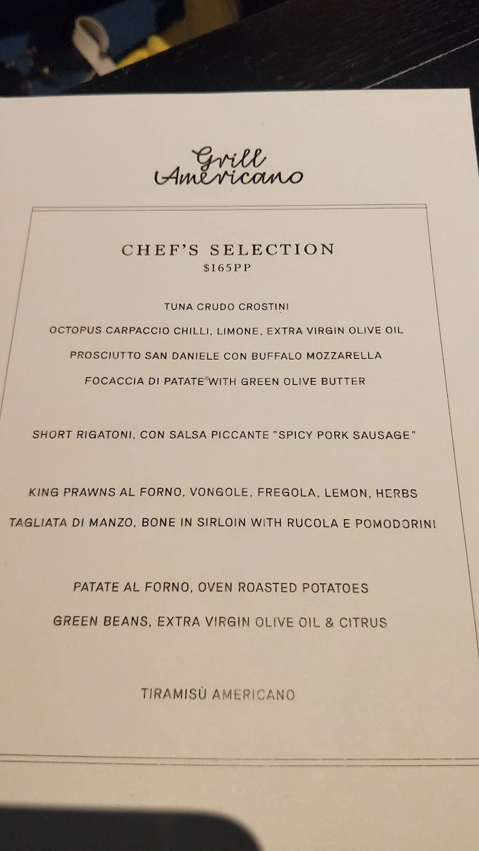 Menu, Grill Americano