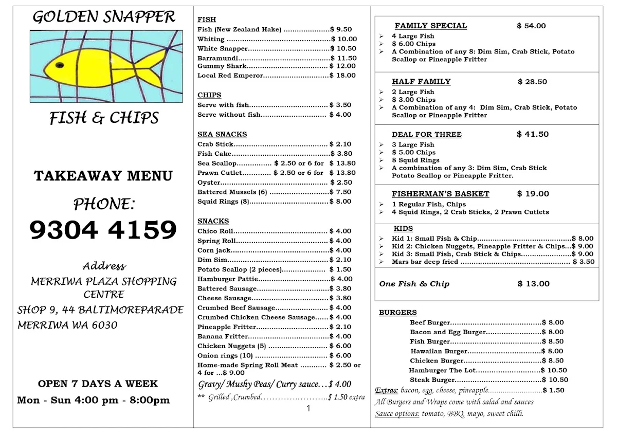Menu, Golden Snapper Fish & Chip Shop