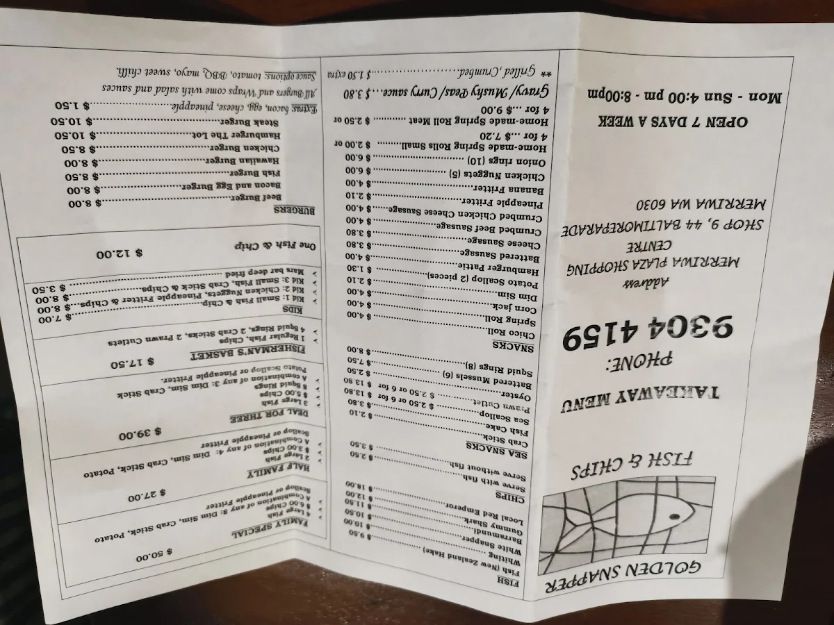 Menu, Golden Snapper Fish & Chip Shop