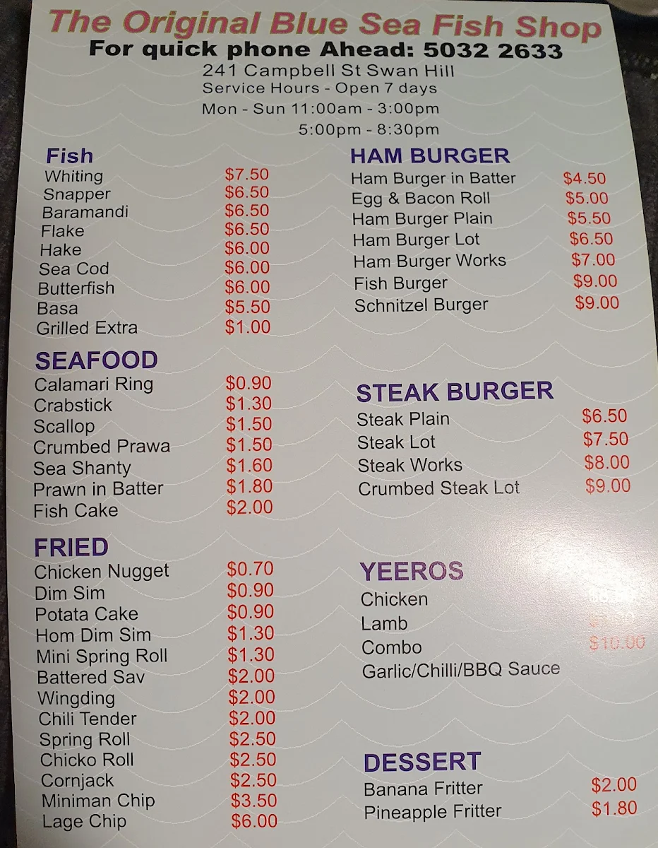 Menu, Blue Sea Fish Shop