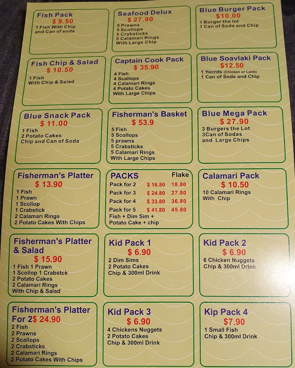Menu, Blue Sea Fish Shop