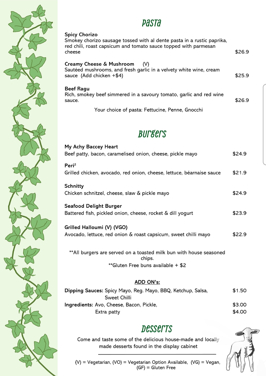 Menu, The Vine & Lamb