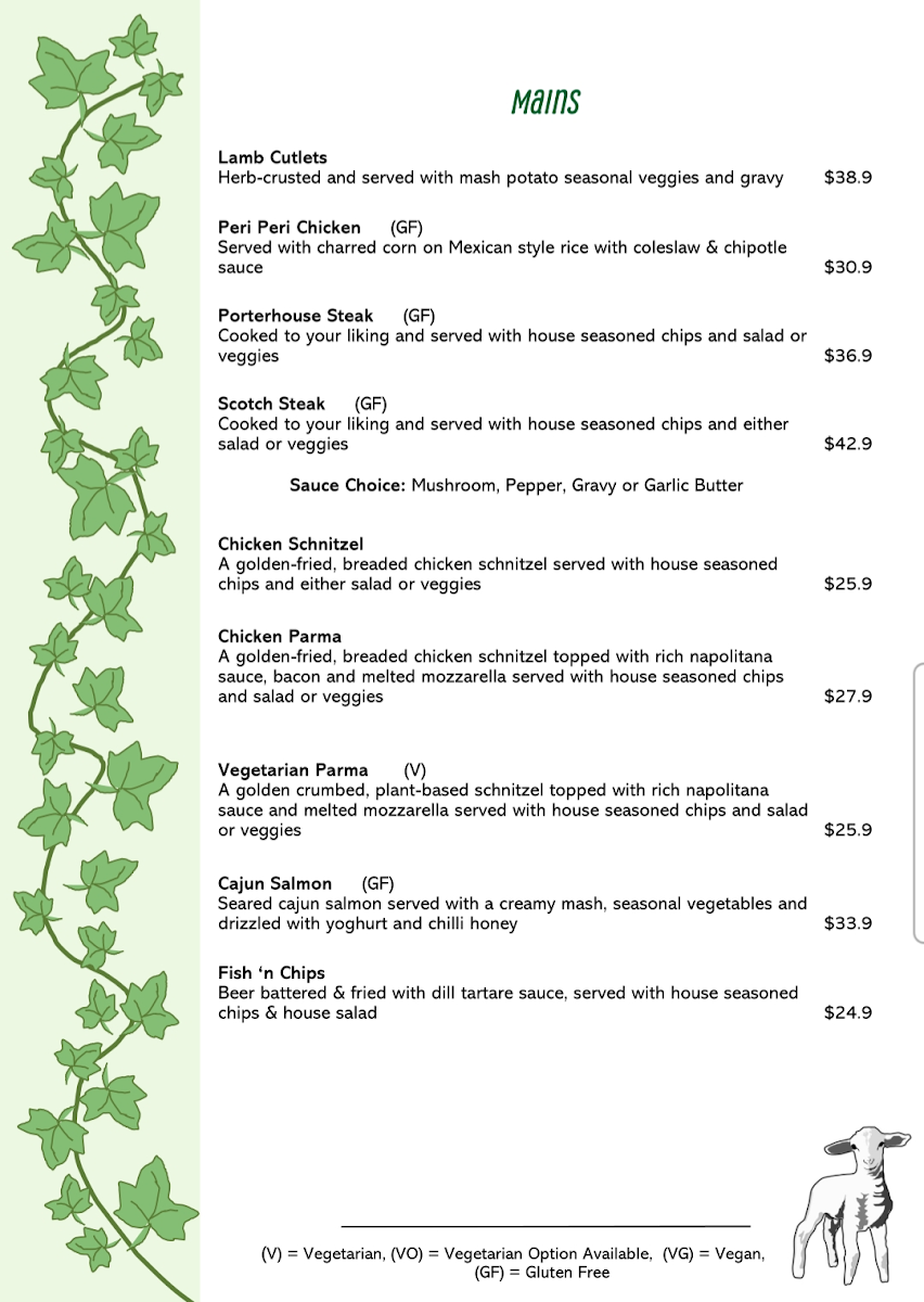 Menu, The Vine & Lamb