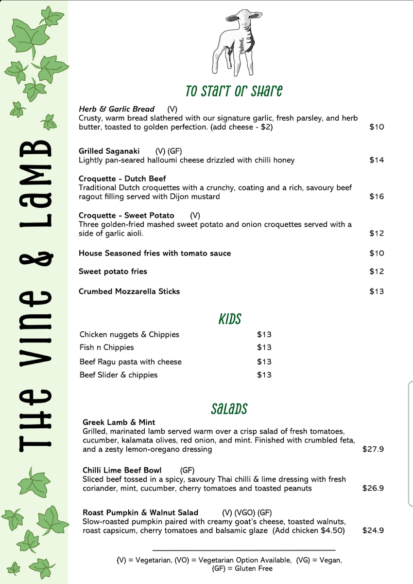 Menu, The Vine & Lamb