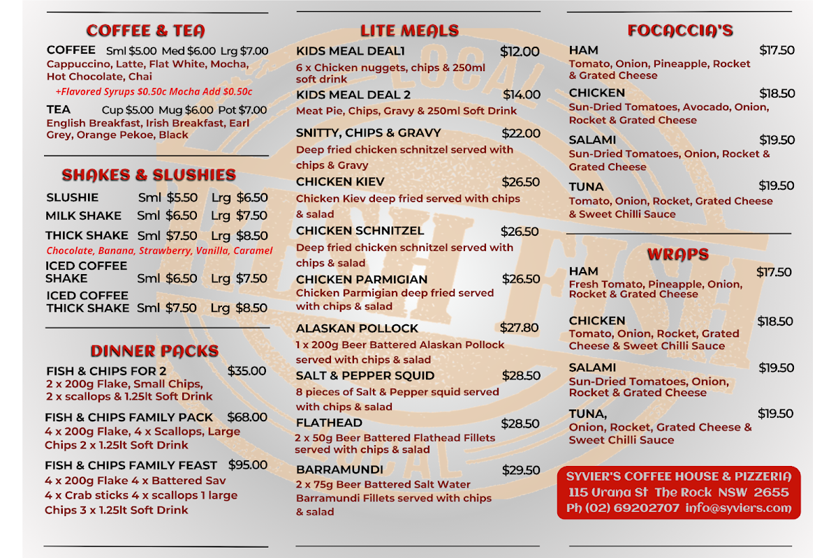 Menu, Syvier's Coffee House & Pizzeria