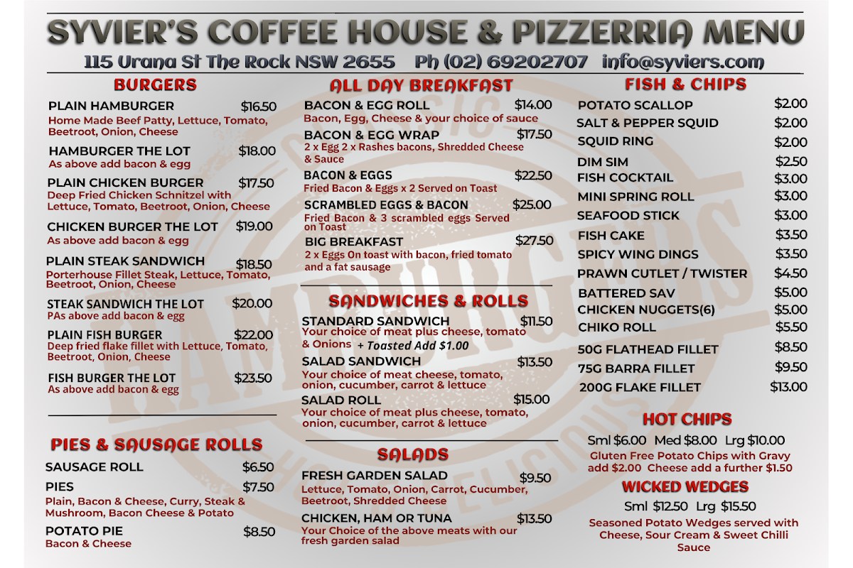 Menu, Syvier's Coffee House & Pizzeria