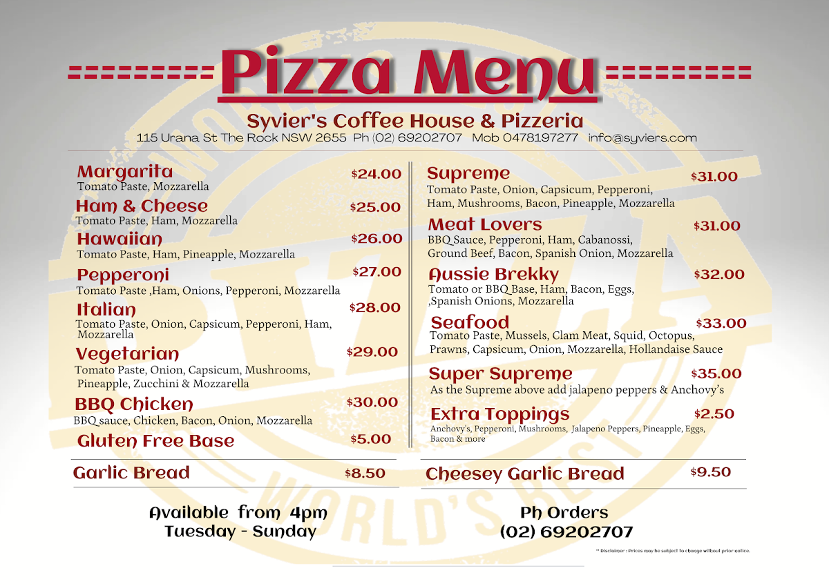 Menu, Syvier's Coffee House & Pizzeria
