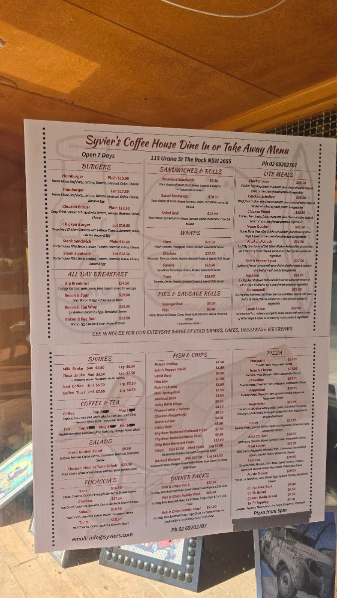 Menu, Syvier's Coffee House & Pizzeria