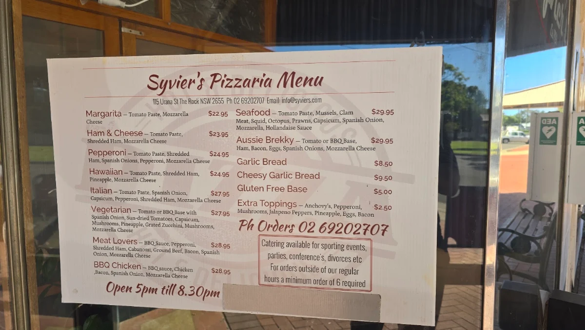 Menu, Syvier's Coffee House & Pizzeria