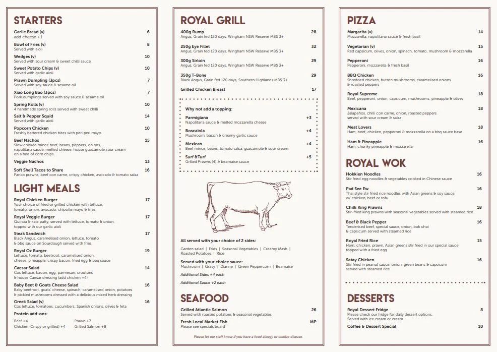 Menu, Royal Exchange Hotel