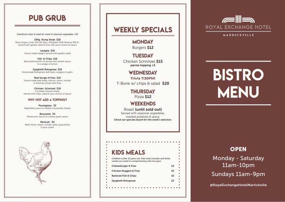 Menu, Royal Exchange Hotel