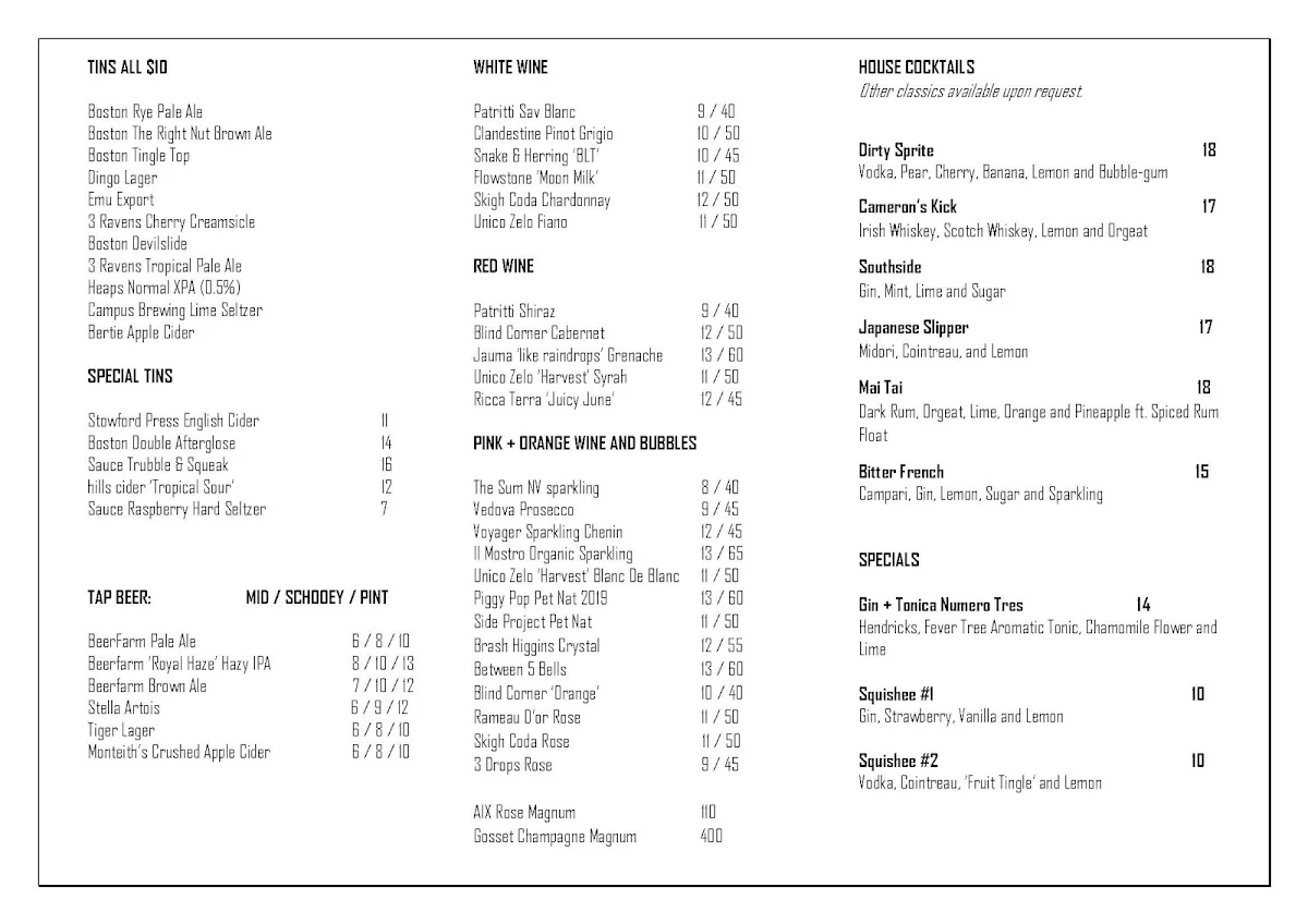 Menu, 399 Small Bar