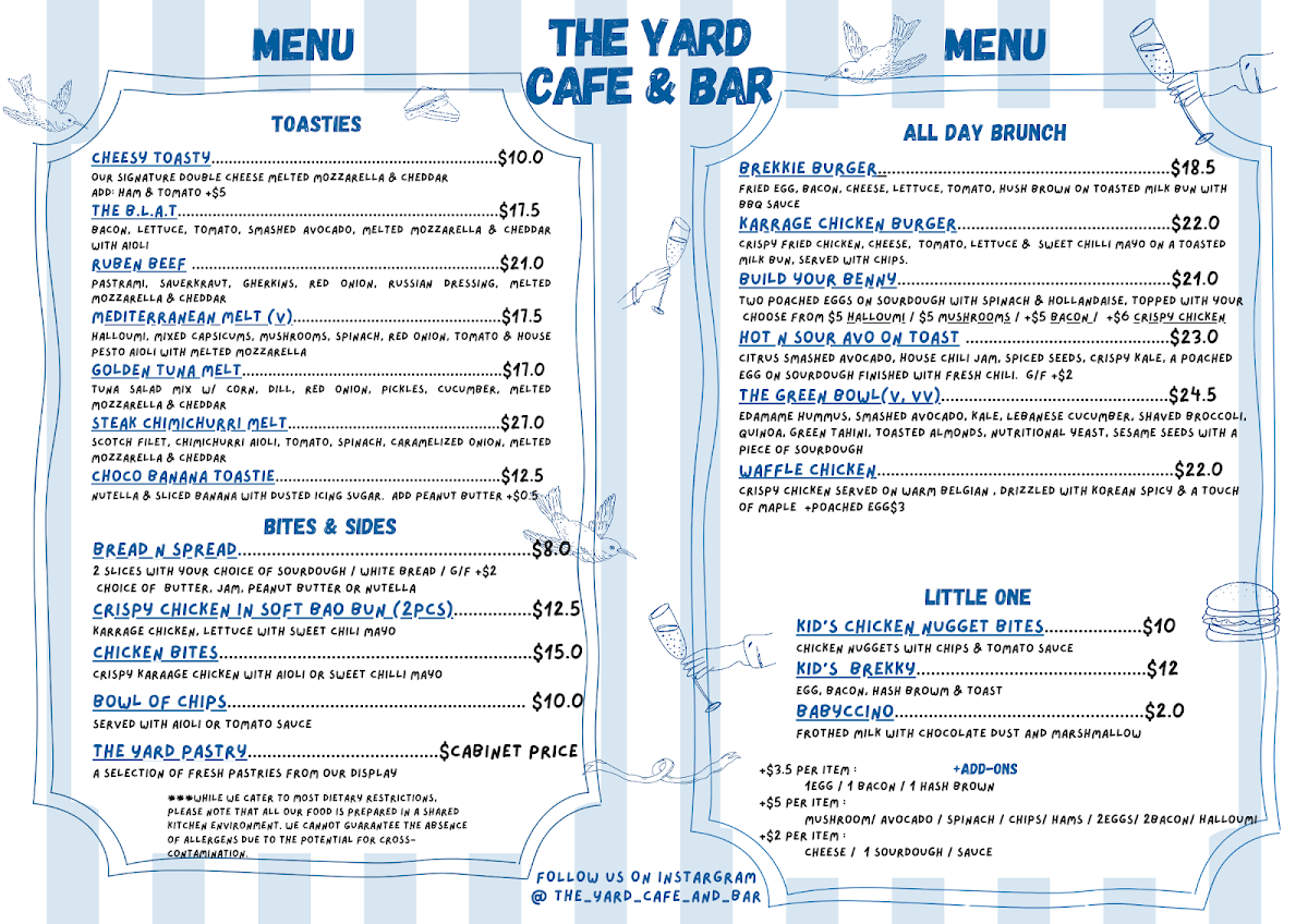 Menu, The Yard Cafe & Bar