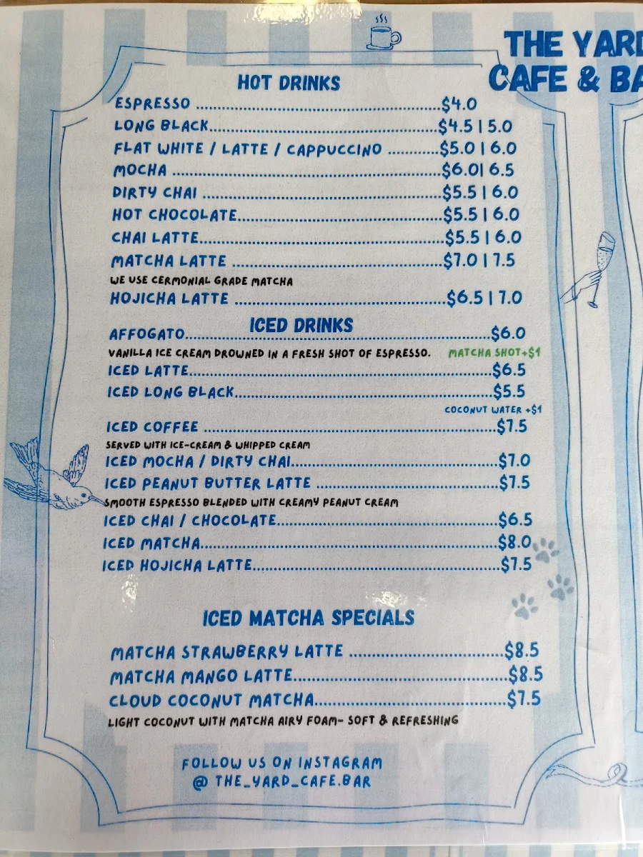 Menu, The Yard Cafe & Bar