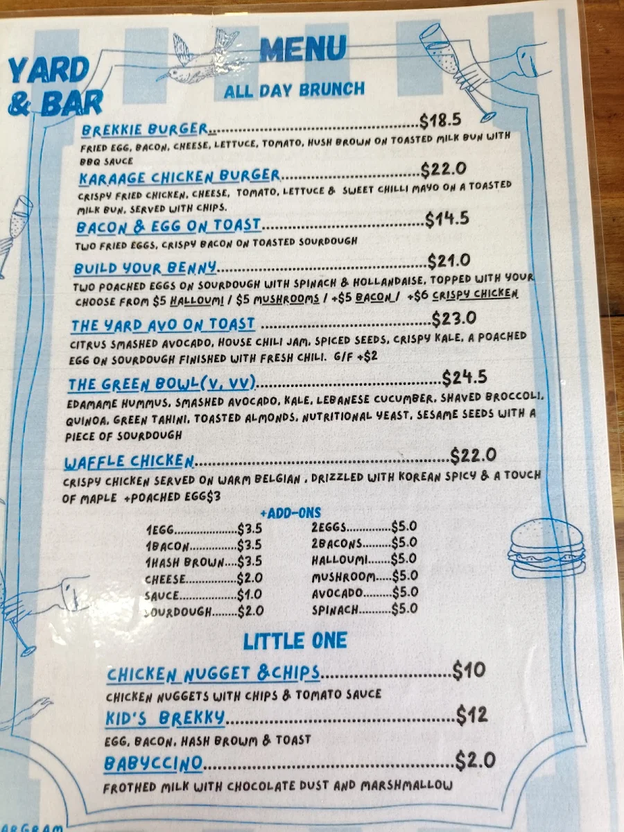 Menu, The Yard Cafe & Bar