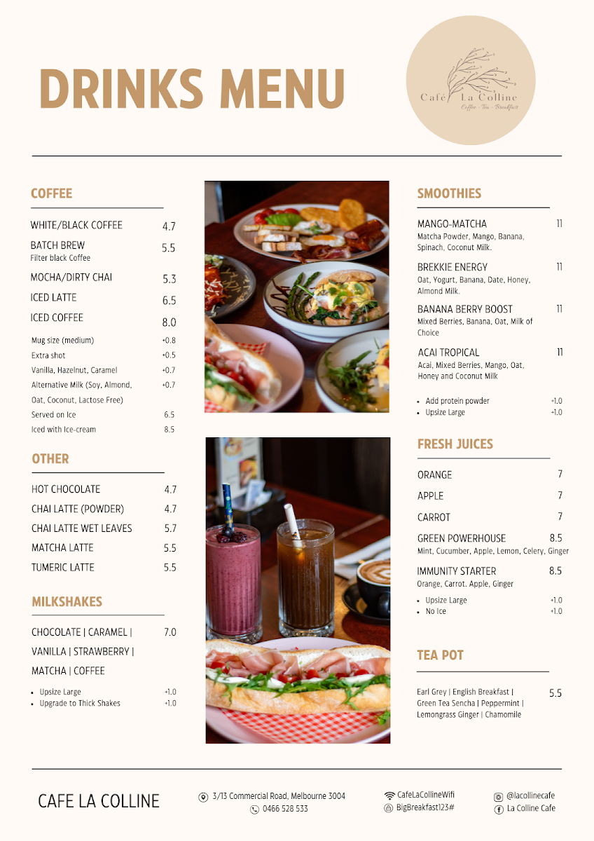 Menu, Cafe La Colline