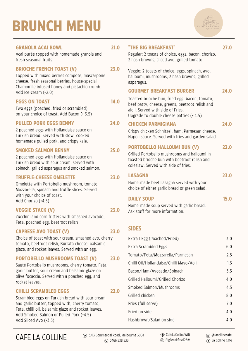 Menu, Cafe La Colline