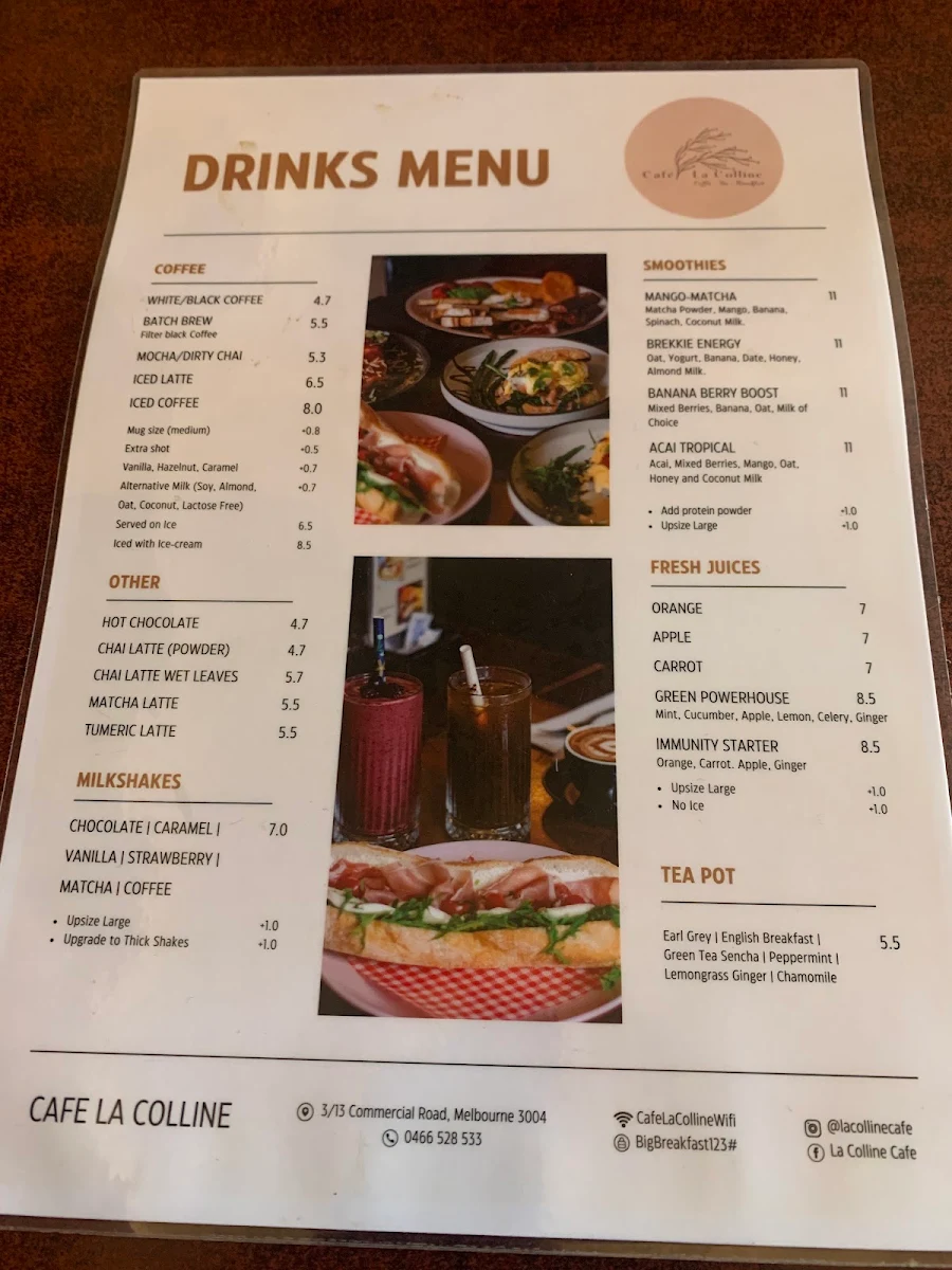 Menu, Cafe La Colline