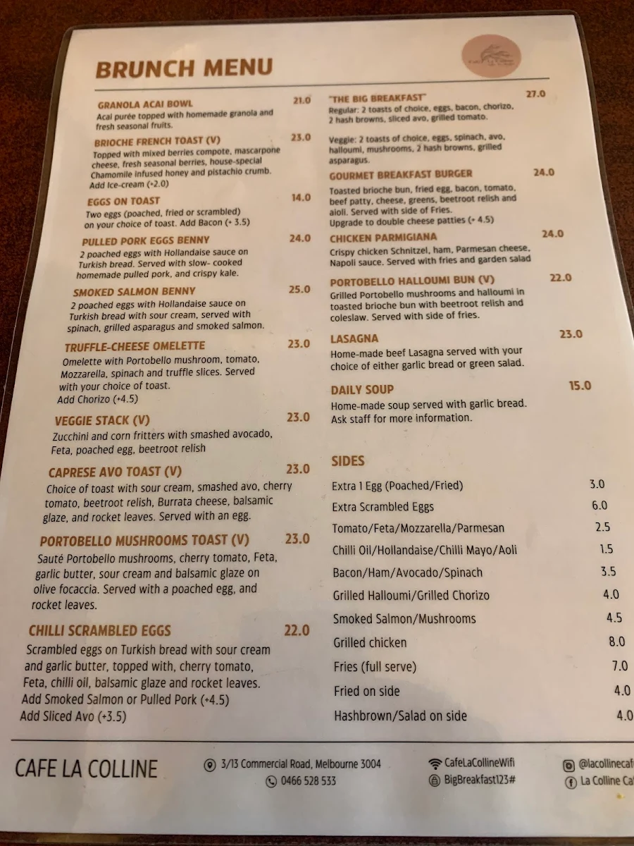 Menu, Cafe La Colline