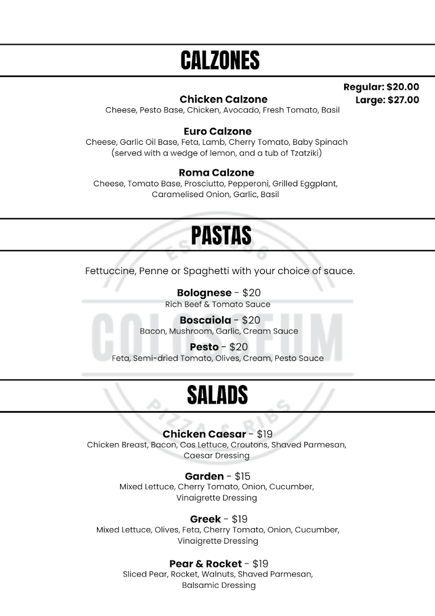 Menu, Colosseum Pizza & Ribs
