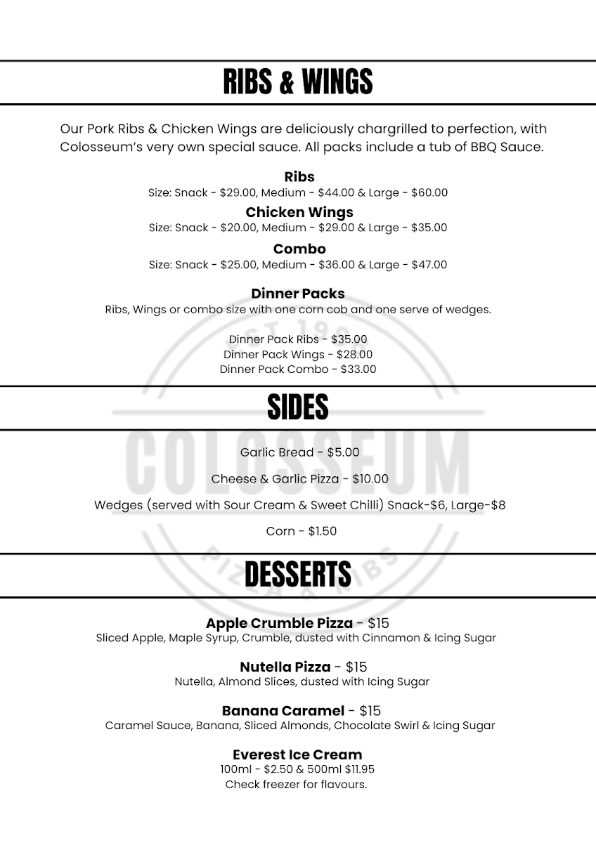 Menu, Colosseum Pizza & Ribs
