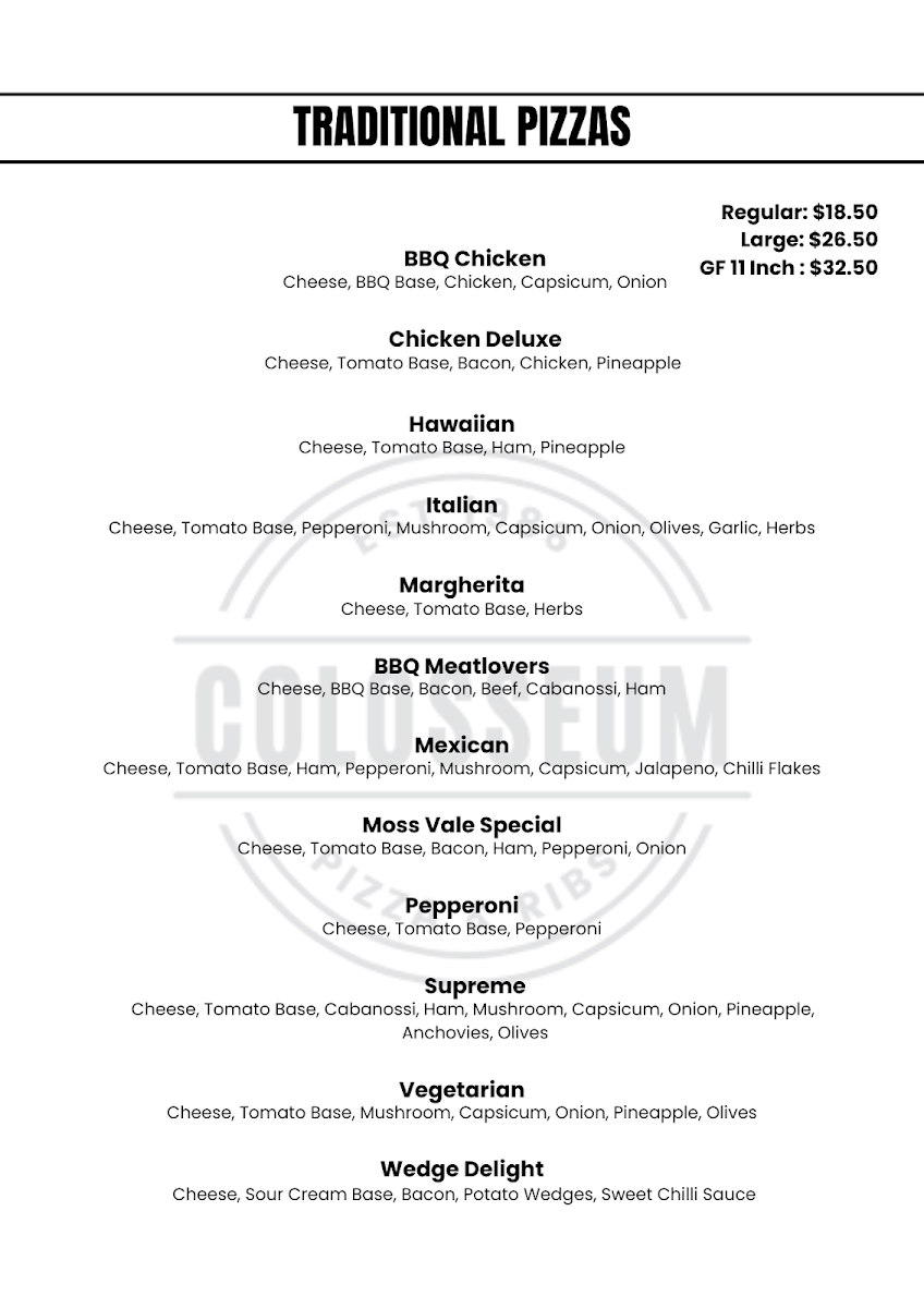 Menu, Colosseum Pizza & Ribs