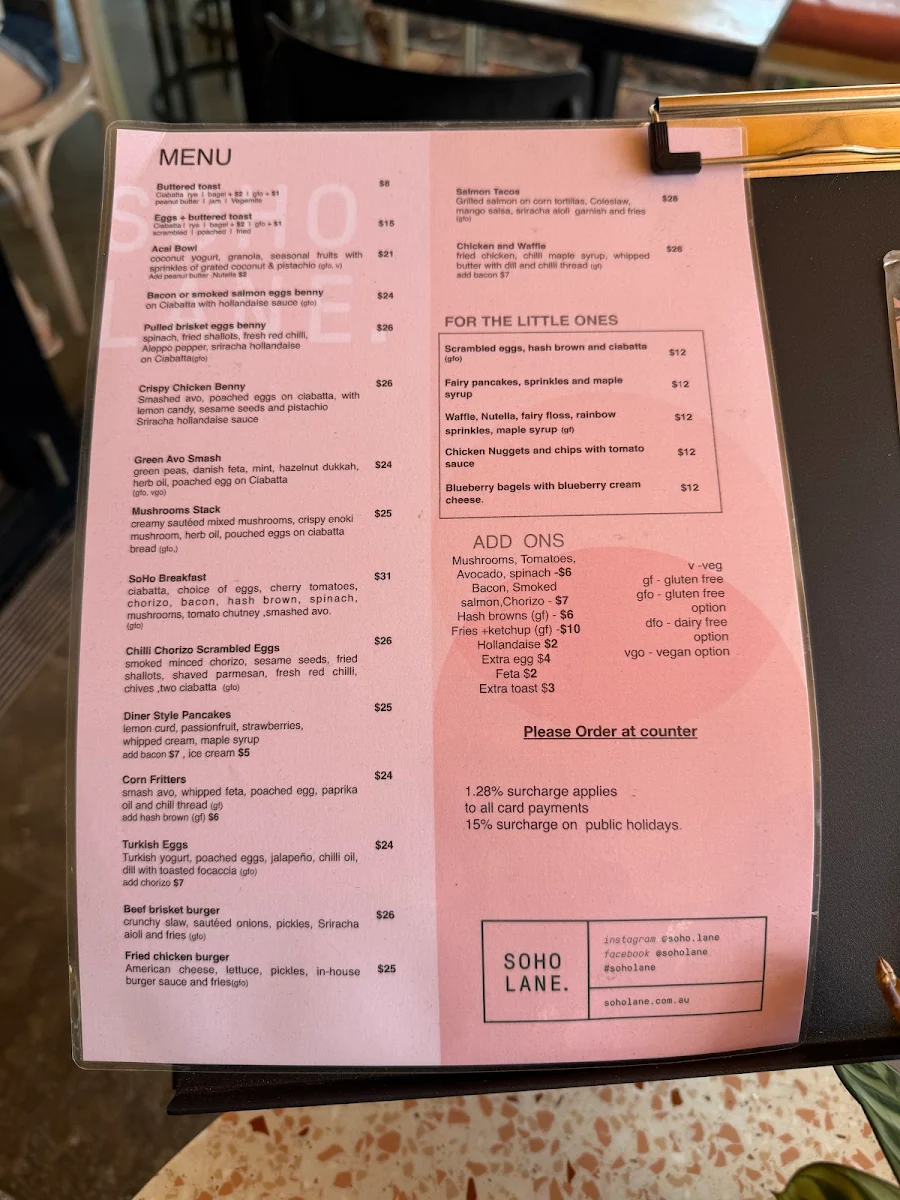 Menu, SoHo Lane