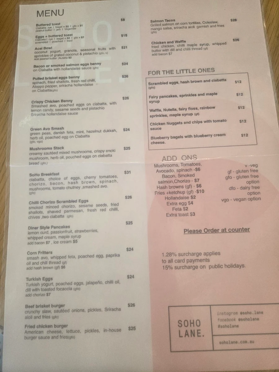 Menu, SoHo Lane