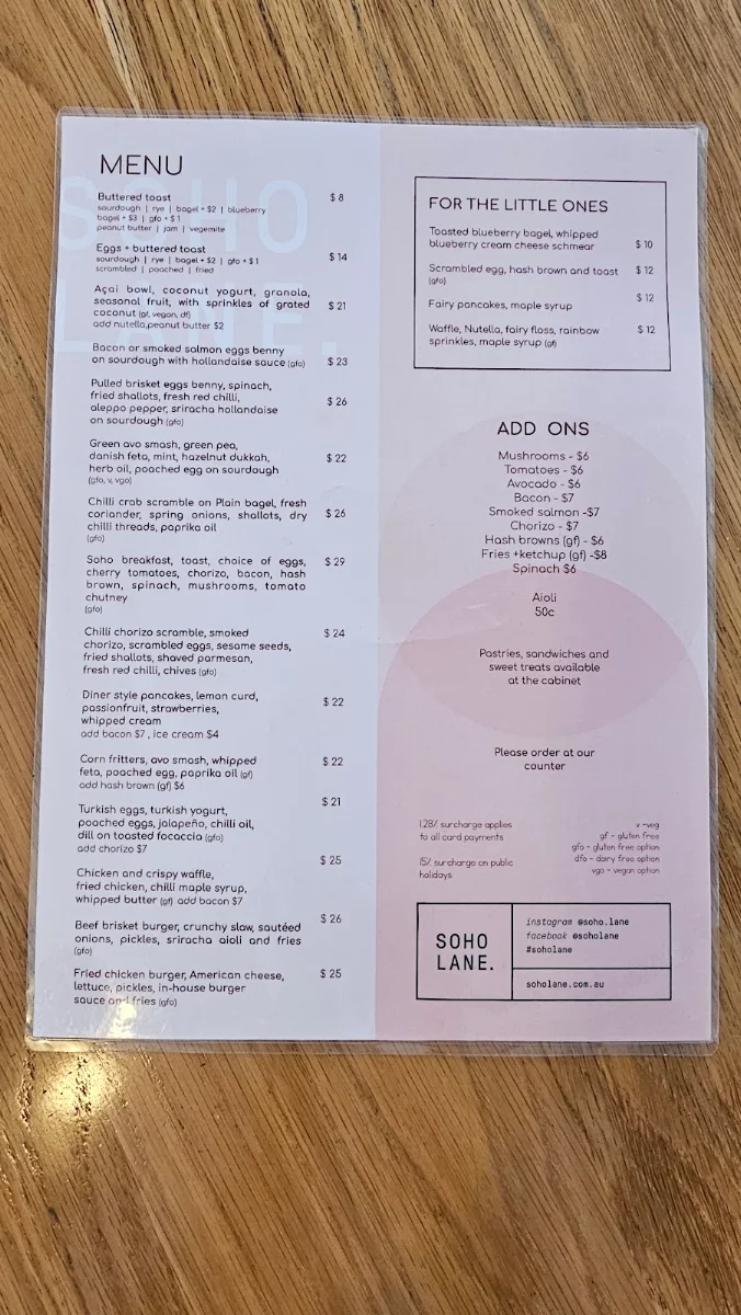 Menu, SoHo Lane