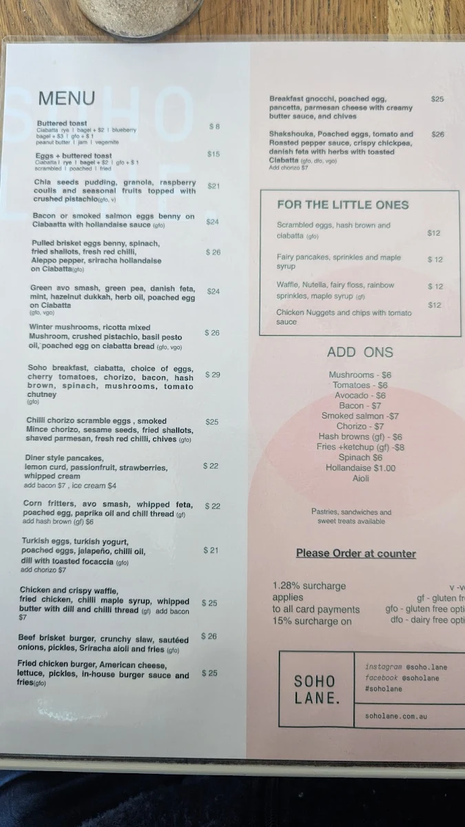 Menu, SoHo Lane