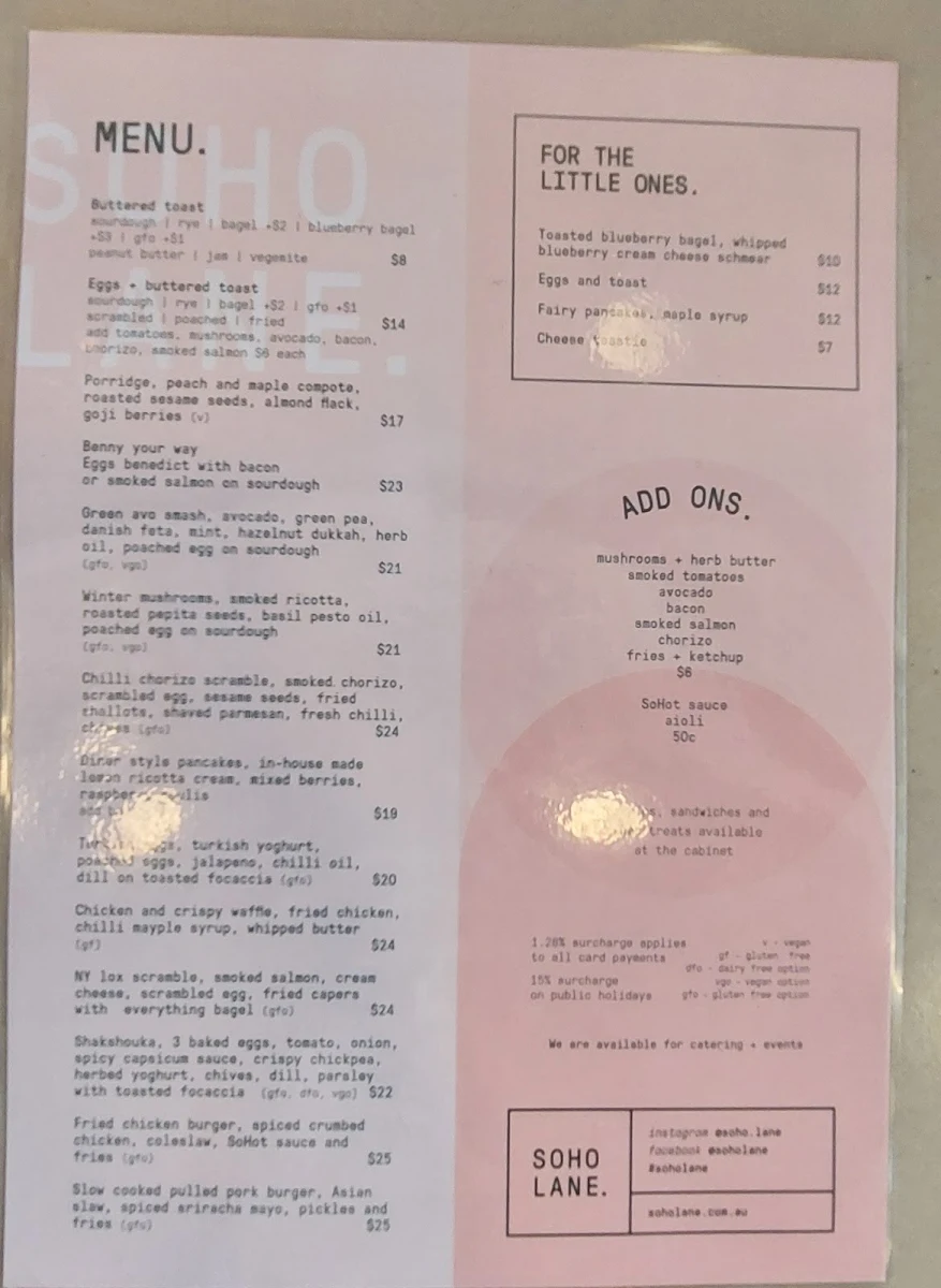 Menu, SoHo Lane