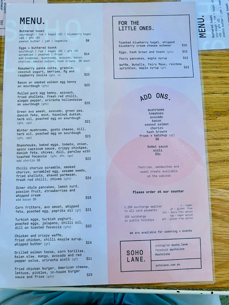 Menu, SoHo Lane