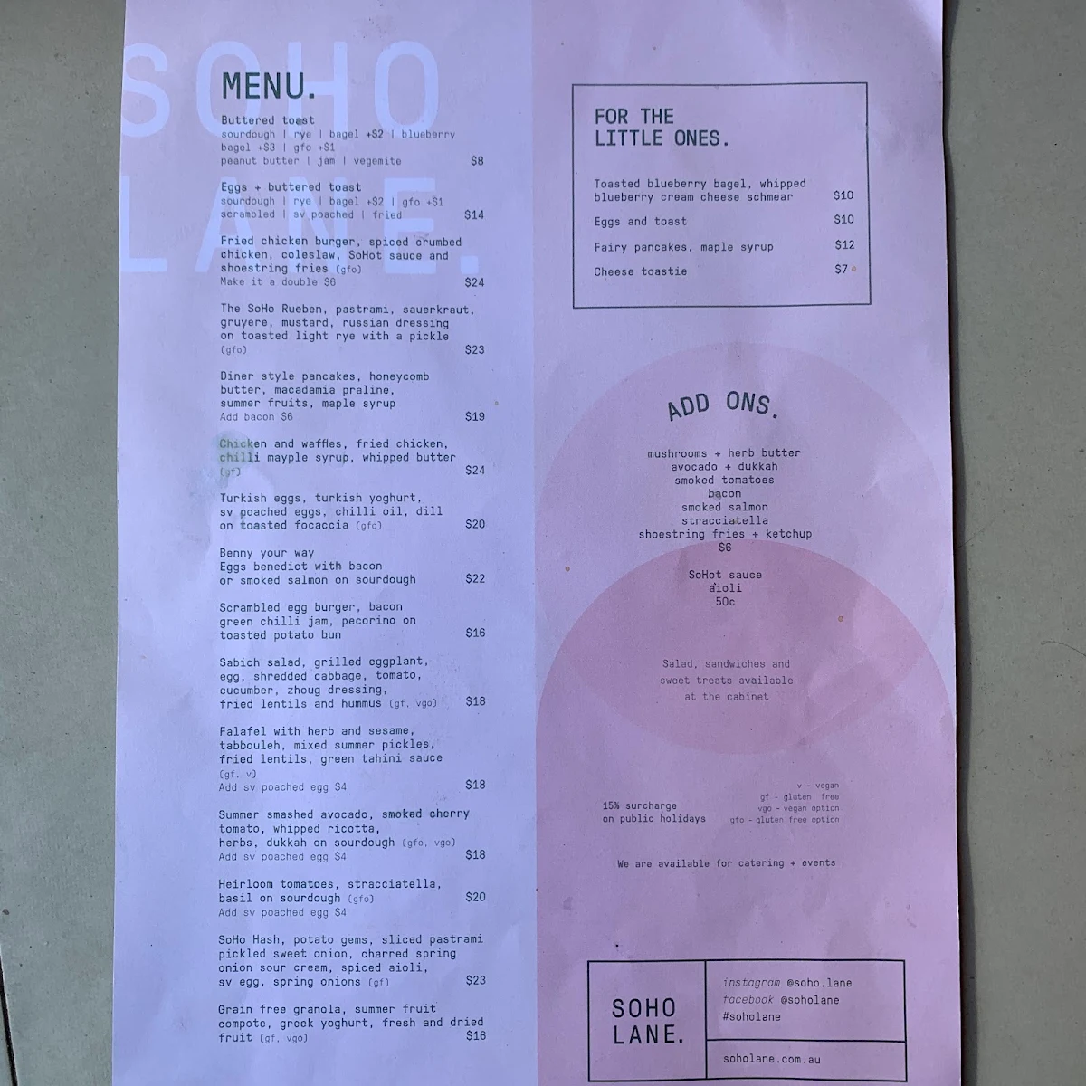 Menu, SoHo Lane