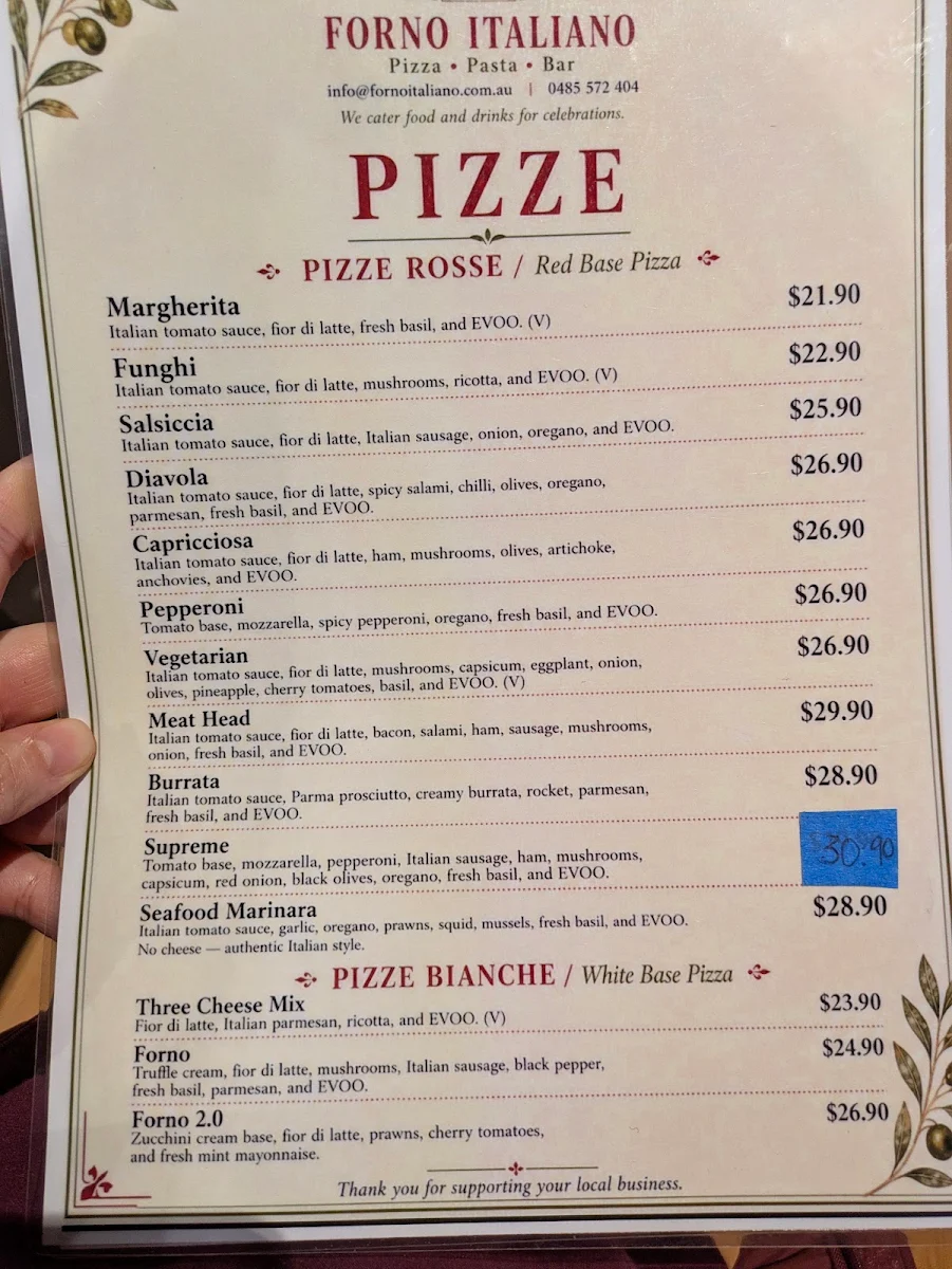 Menu, Forno Italiano