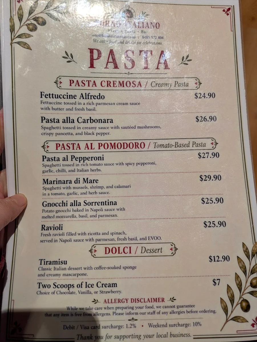 Menu, Forno Italiano